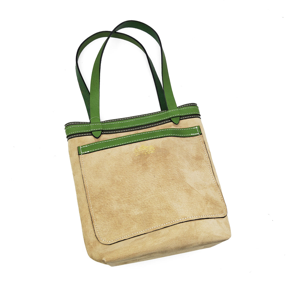 Tan Suade Small Tote With Green Accents