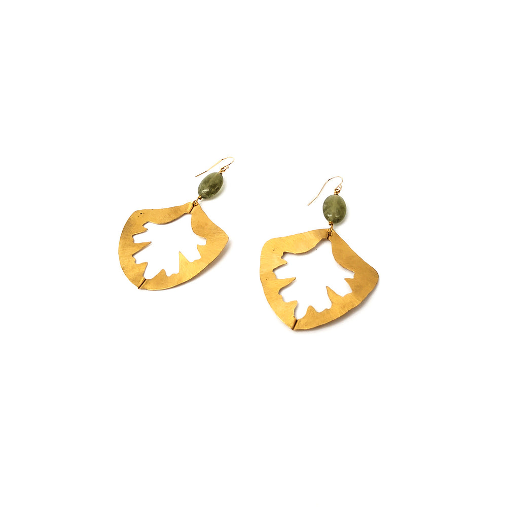 Green Garnet and Brass Leaf Earrings
